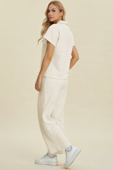 Double Take Full Size Collared Neck Short Sleeve Top and Pants Set OutfitFlow